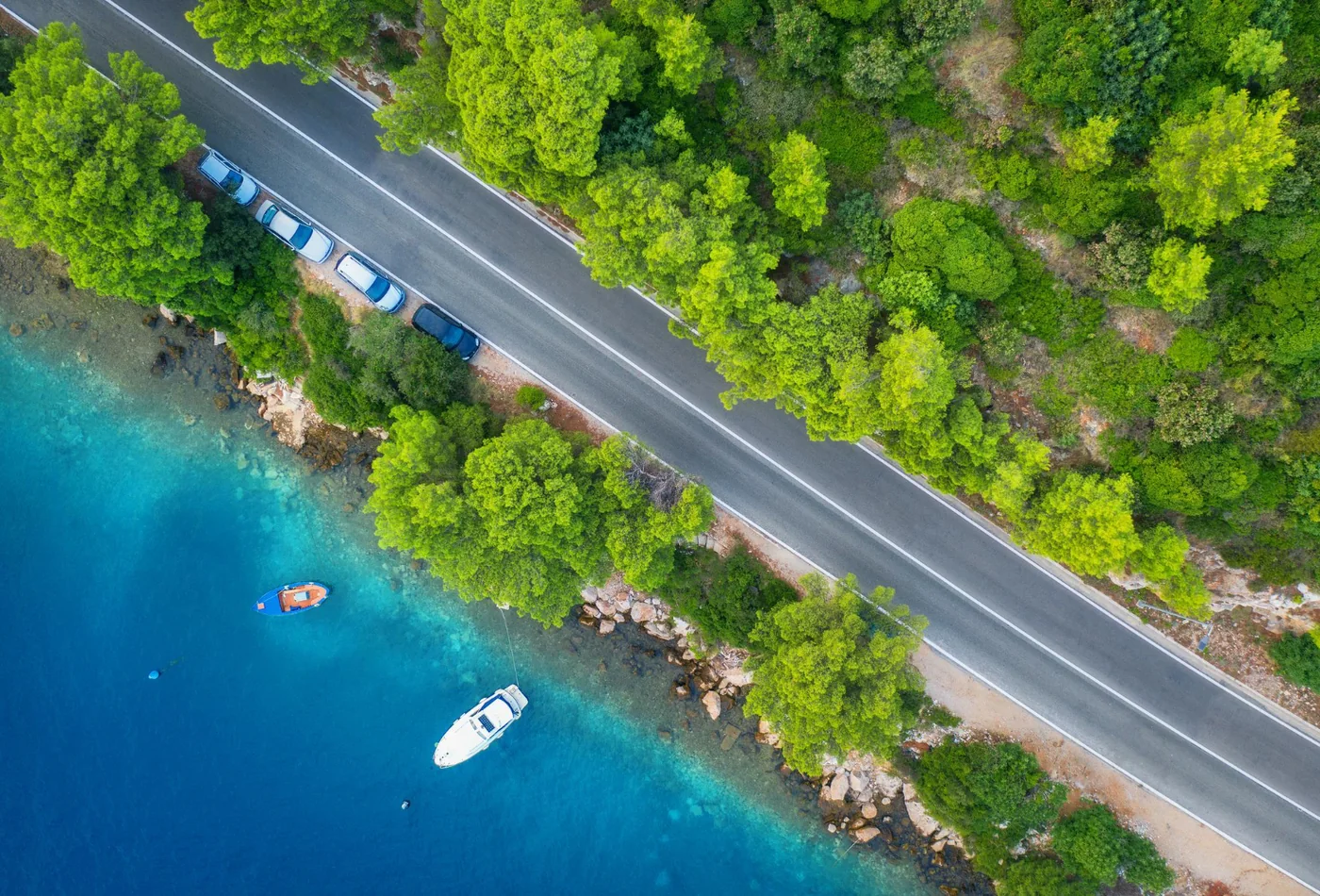 Aerial view of a coastal road in Dalmatia